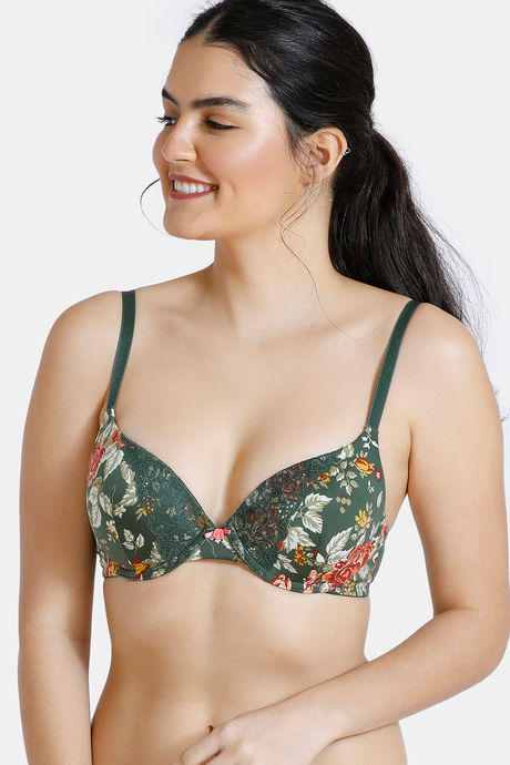 Zivame Bloom Push Up Wired Medium Coverage Bra Green Floral